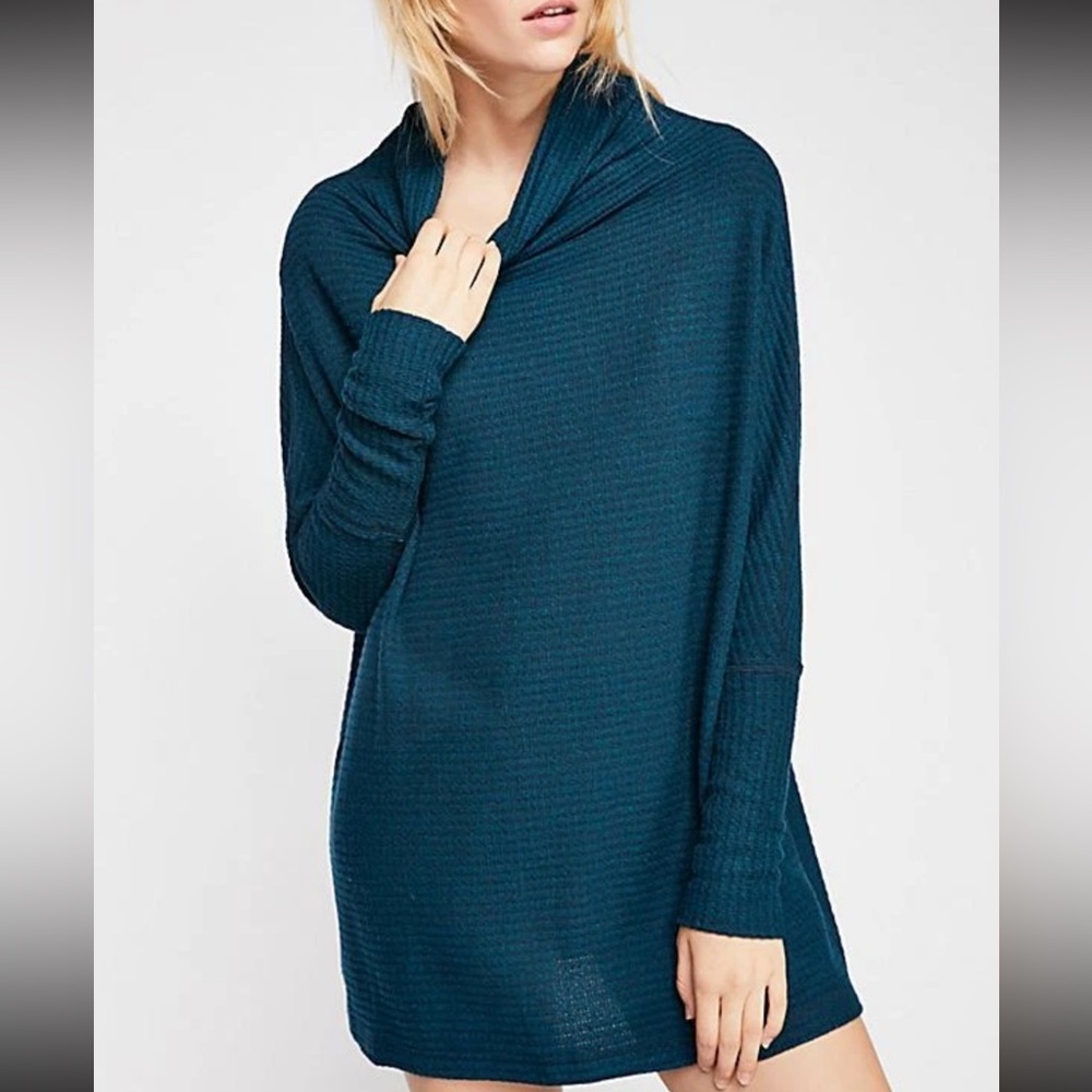 We the free Lover Rib Teal Split Back Cowl Neck Pullover Sweater